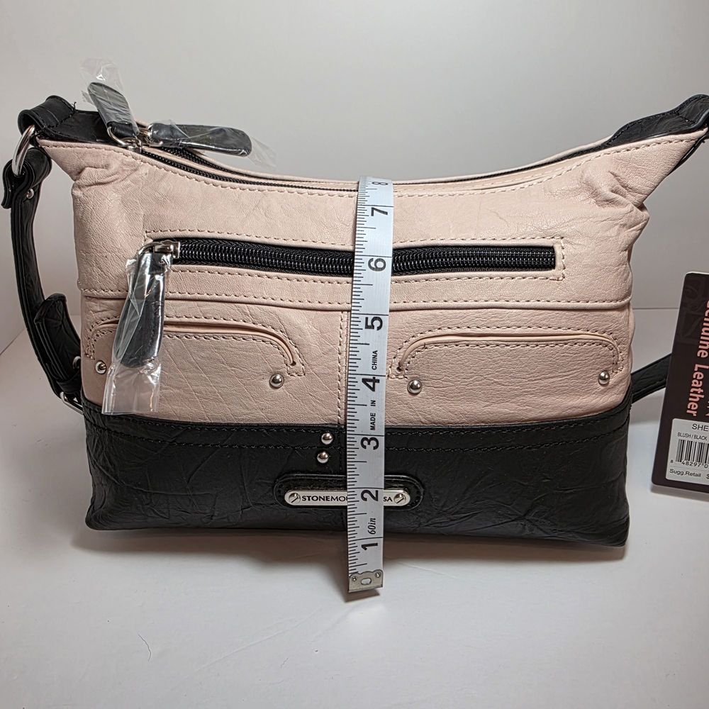 Stone Mountain Leather Shoulder Bag - Adjustable Strap Two-Tone Black and Blush - Picture 13 of 16